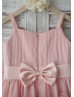 Pink Chiffon 30D flowers Straps Knee Length Flower Girl Dress 